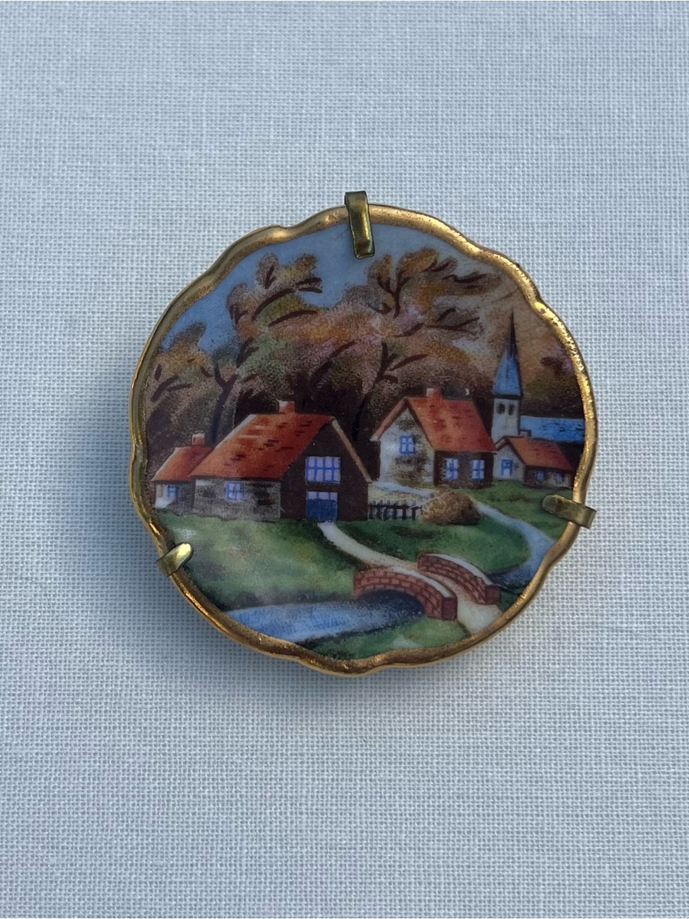 Vintage Limoges Hand-Painted Porcelain Pendant in Blue and Brown
